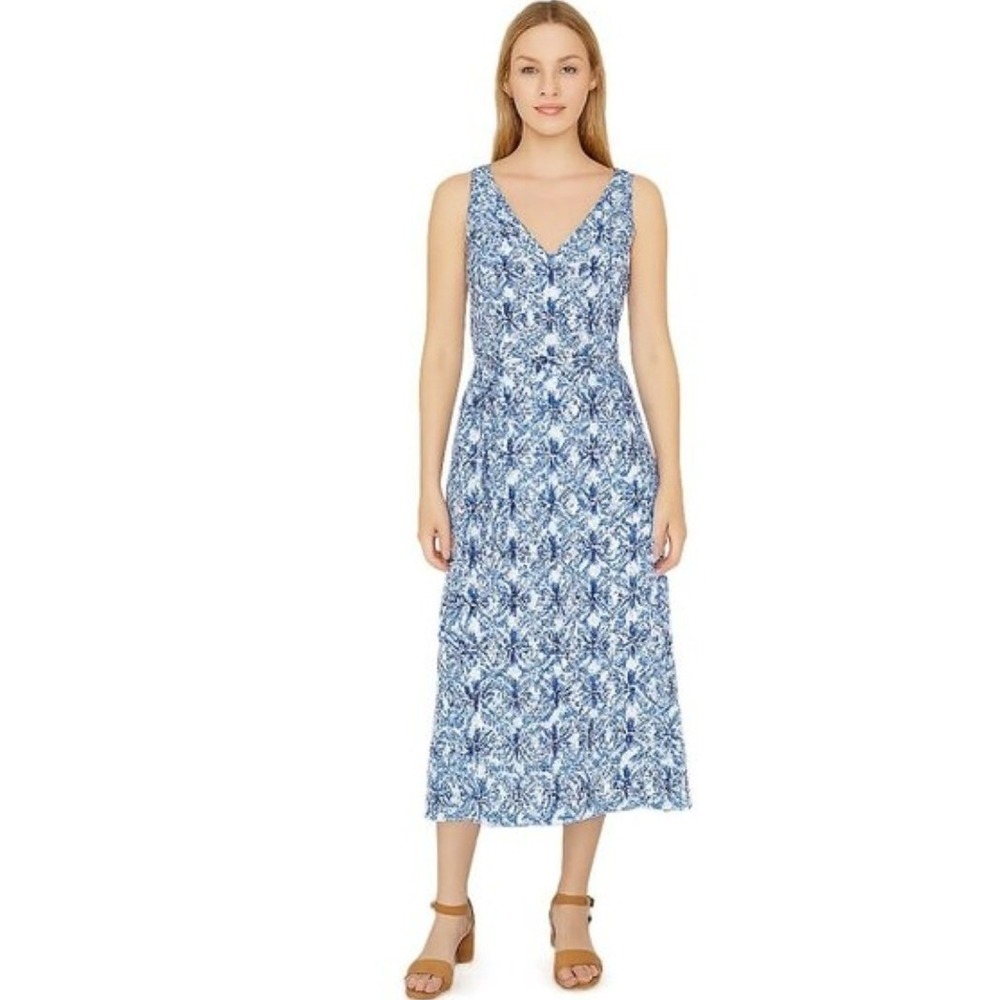 NWT White House Black Market Belted Midi Dress Blue White Graphic Tile Cobalt‎ 6